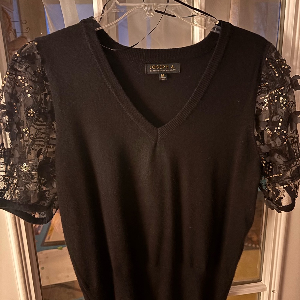 Joseph Black V-Neck Sweater Top with Sequin Lace Puff Sleeves